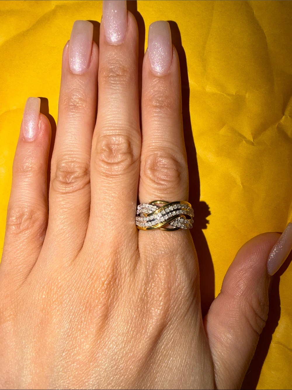 Elegant Two-Tone Gold and Silver Diamond-Style Twist Ring